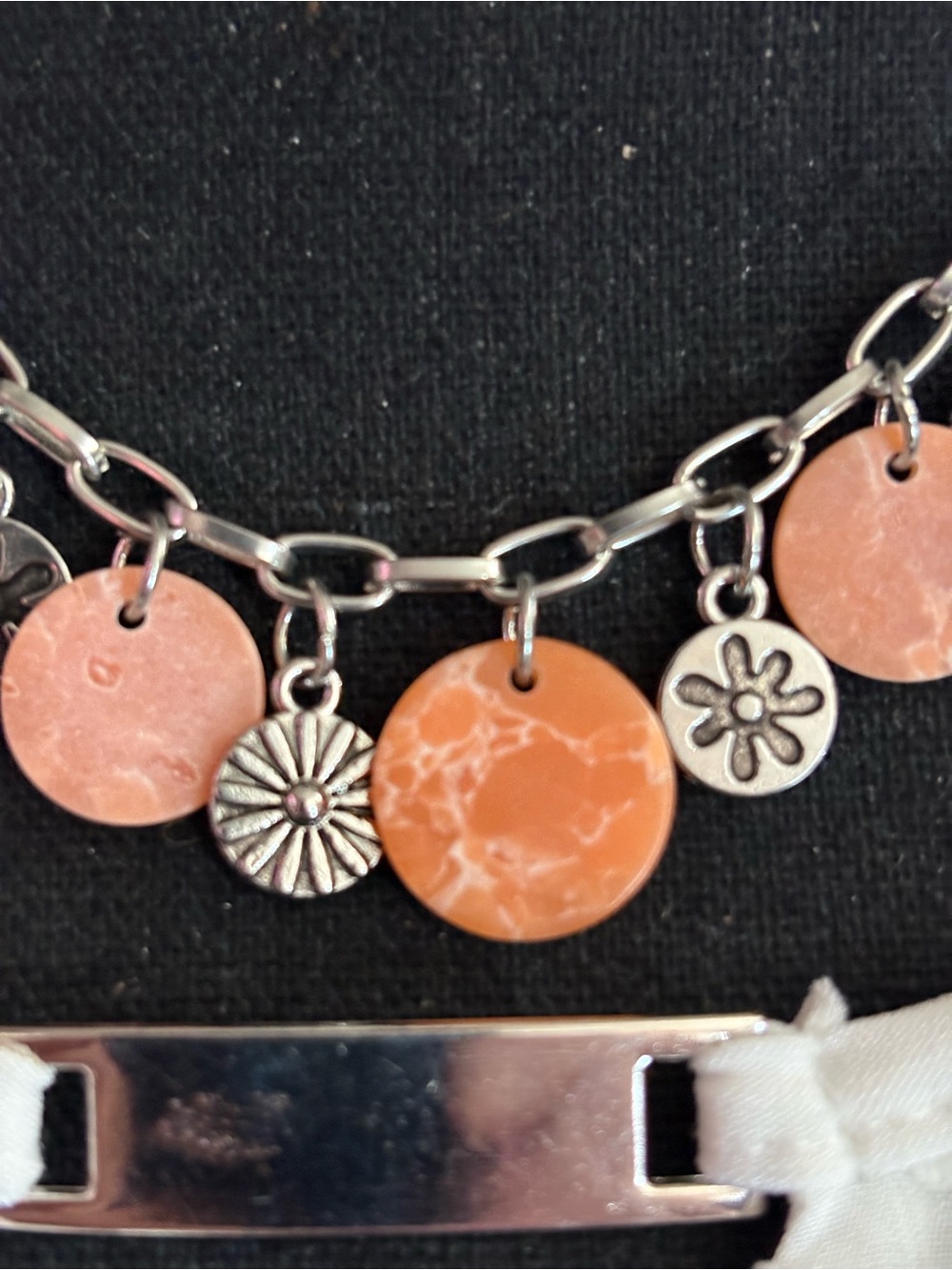 Orange Disc and Silver Charm Necklace - Women's Jewelry 10 1/4 inches - Picture 2 of 5
